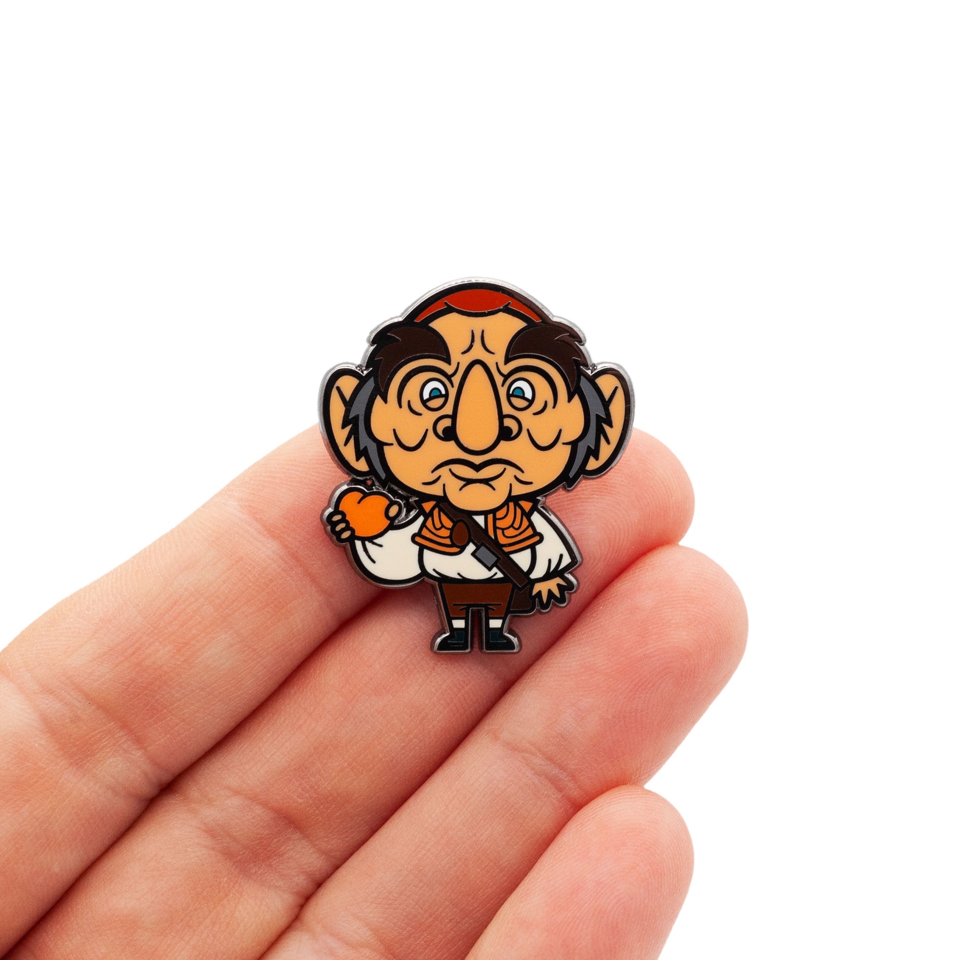 illustration turned into a pin for the character of Hoggle from Labyrinth. Colors include brown, tan, white, and orange for the peach he is holding. So cute!