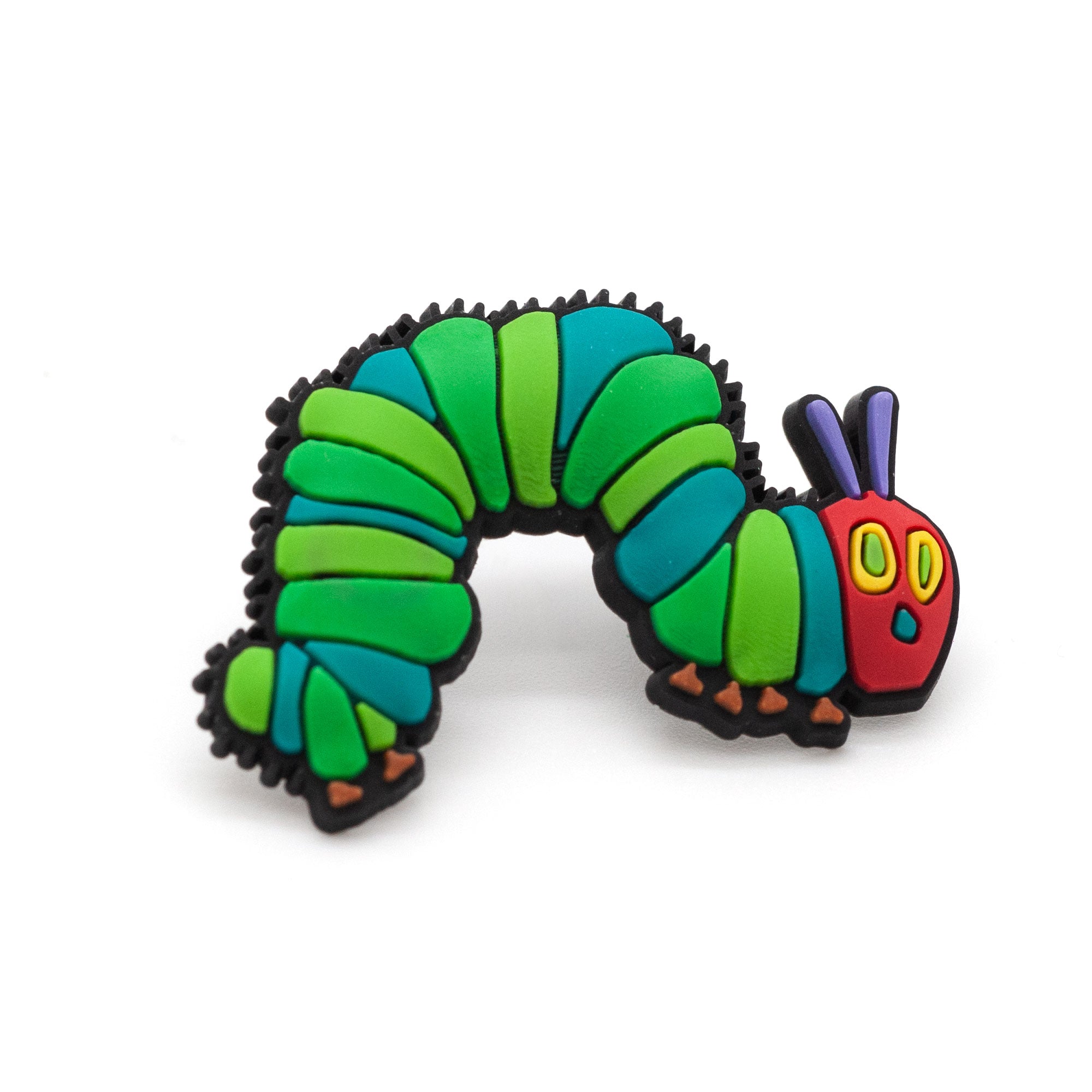 The Very Hungry Caterpillar PVC enamel pin on white background. Caterpillar has a red face with yellow and green eyes , with purple antennas, and a light green and dark green body.