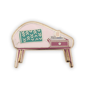 Mid-century modern bench enamel pin. gold plated with pink, teal and deep pink enamel.