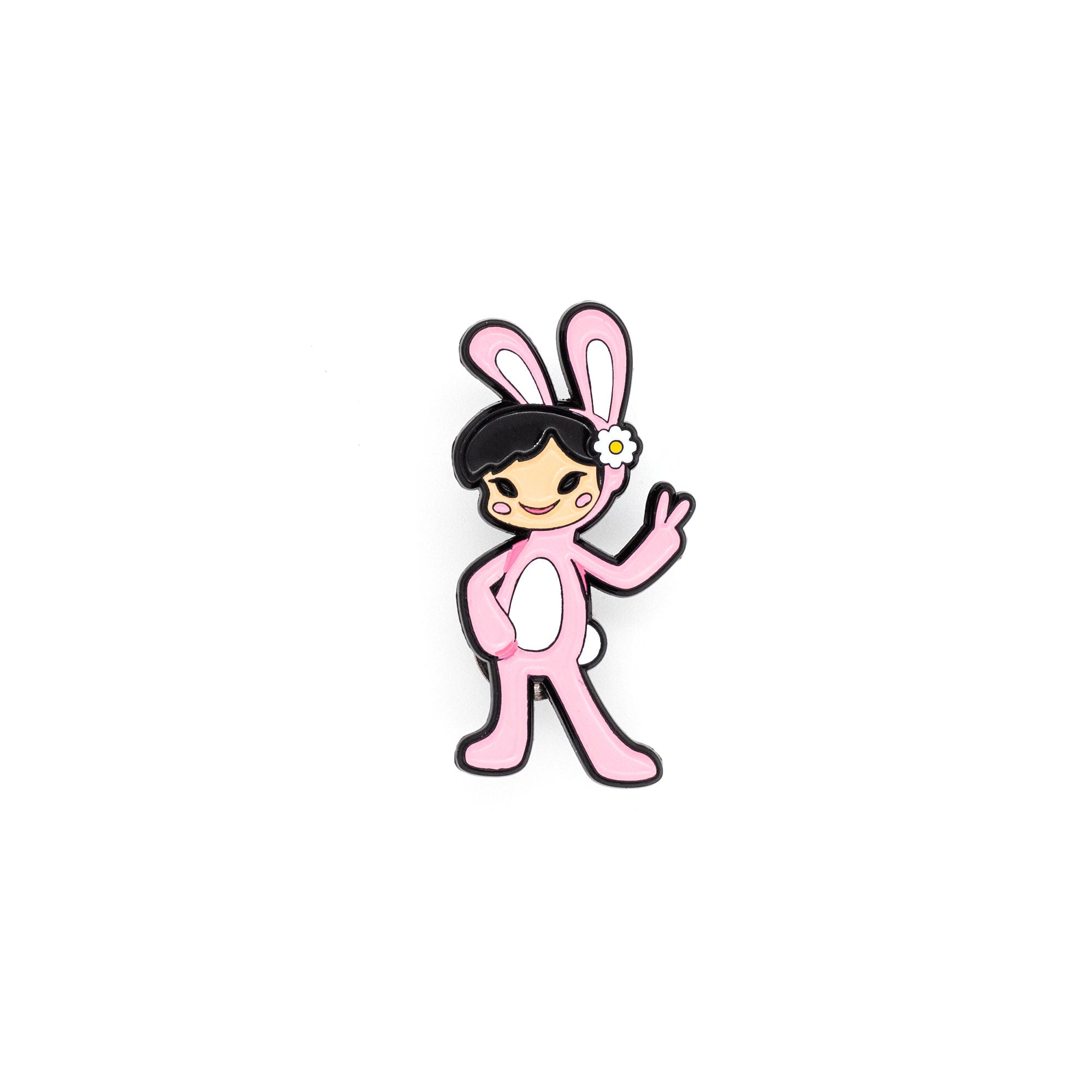 paul frank bunny girl lapel pin on white background. bunny girl is in a pink bunny suit with a white and yellow flower in her hair.
