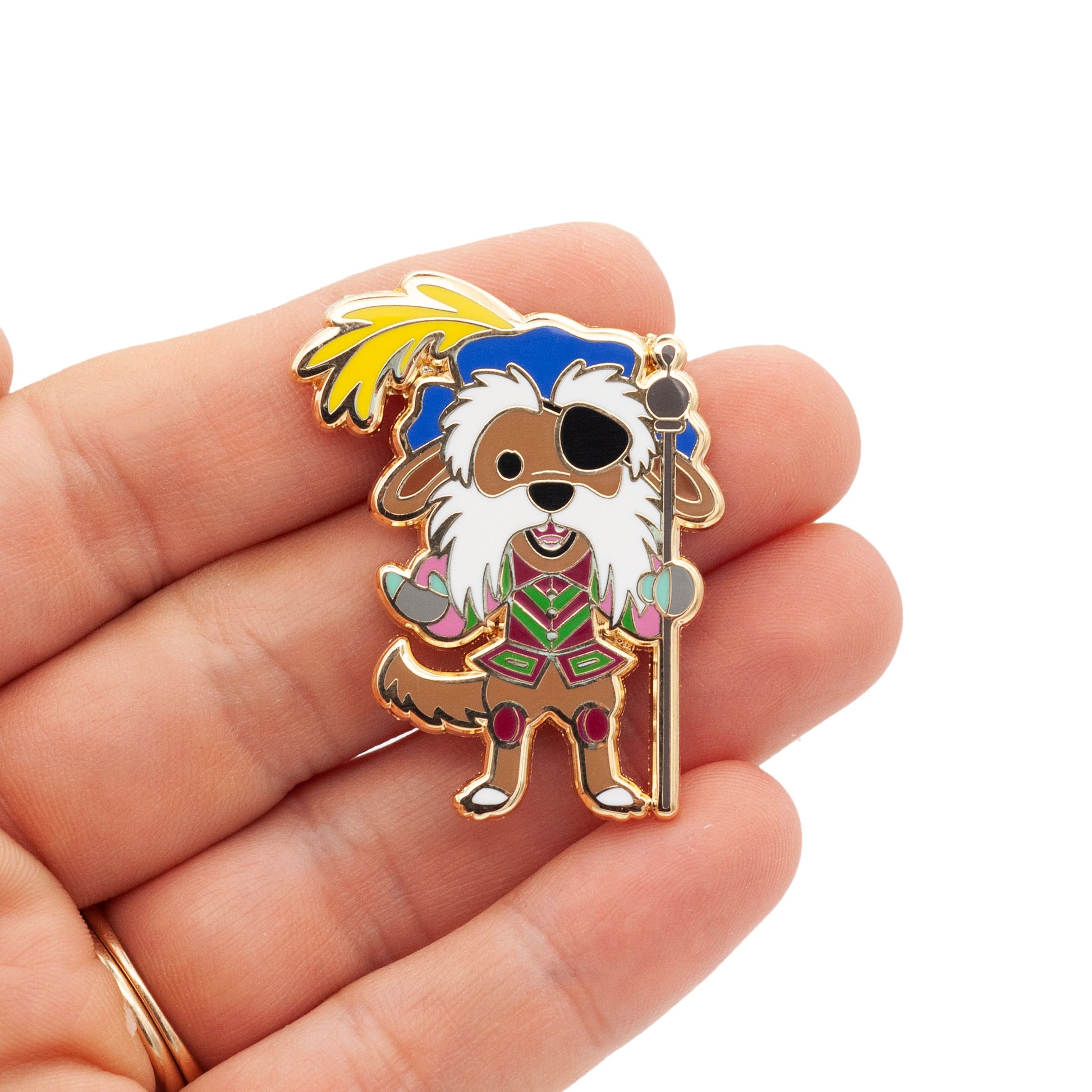 Sir Didymus lapel pin in gold plated hard enamel. Colors include yellow, blue, brown, red, green, black, and white.