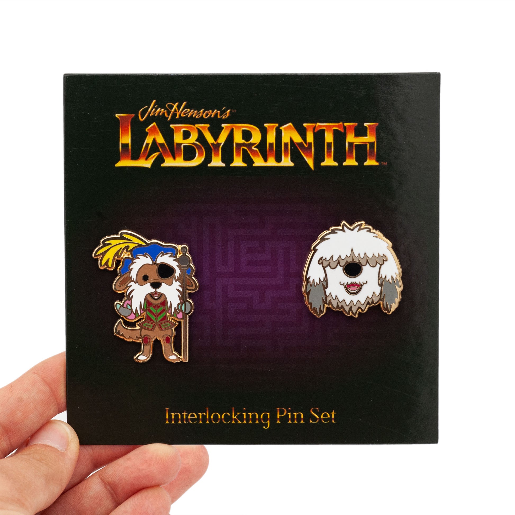 Illustration of sir didymus and ambrusious as pins! gold plated and can be worn together or separately. on purple Labyrinth backing card