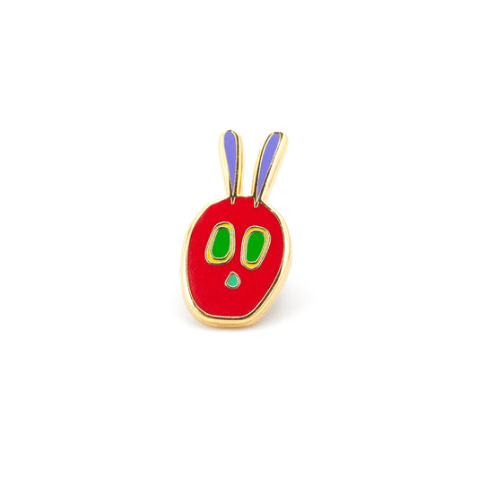 gold plated hard enamel pin with red, green, and purple fill in the shape of a caterpillar head