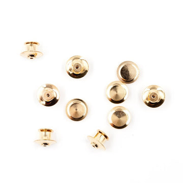10 gold locking clutches on a white background.
