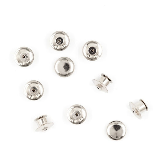 10 silver locking clutches on a white background.