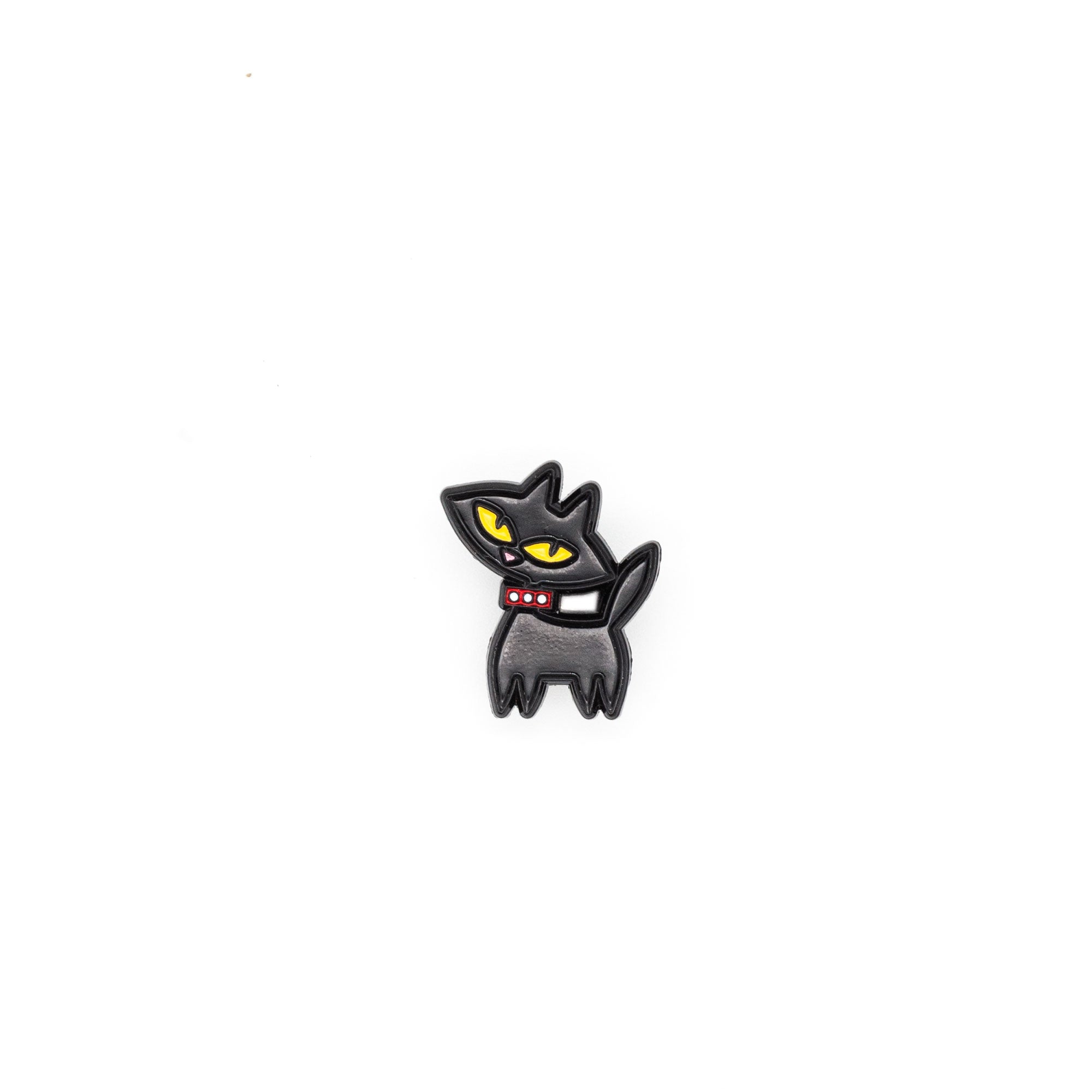 cute black cat enamel pin with yellow eyes and a red collar. 