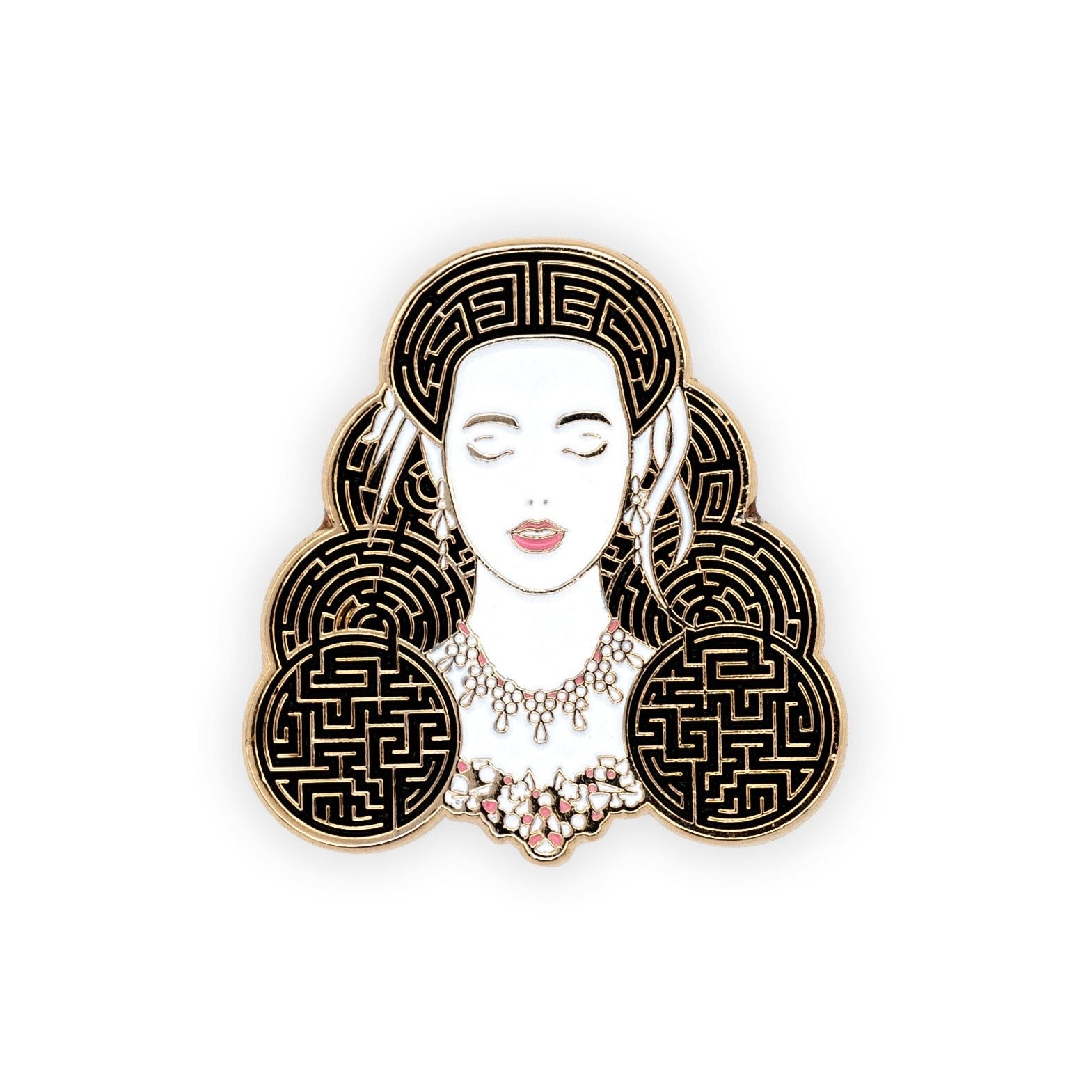 sarah lapel pin. a very clean illustration of sarah, with her eyes closed, and her hair done like in the ballroom scene, with feathers in it. but her hair also has the pattern of a labyrinth in it. pin is gold plated soft enamel. 