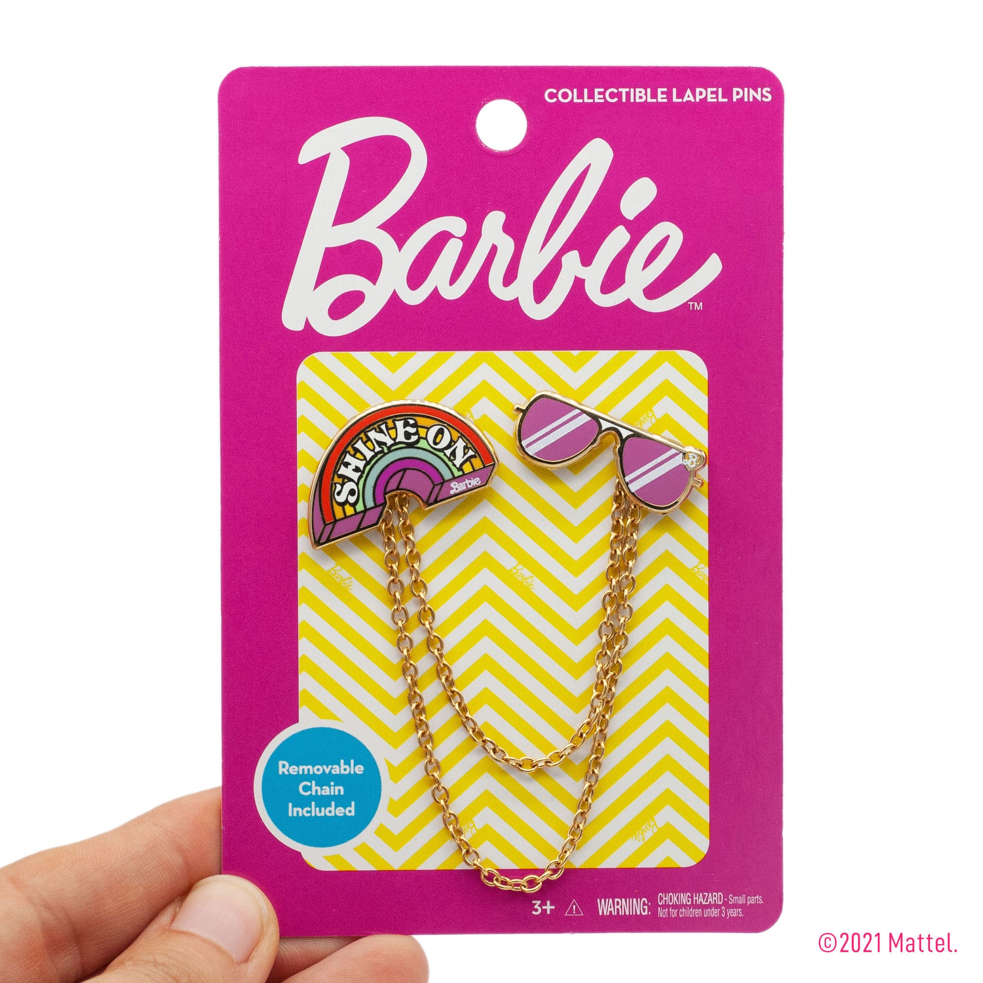 Barbie™ Shine On and Sunglasses Pins with Removable Chains on pink packaging card.