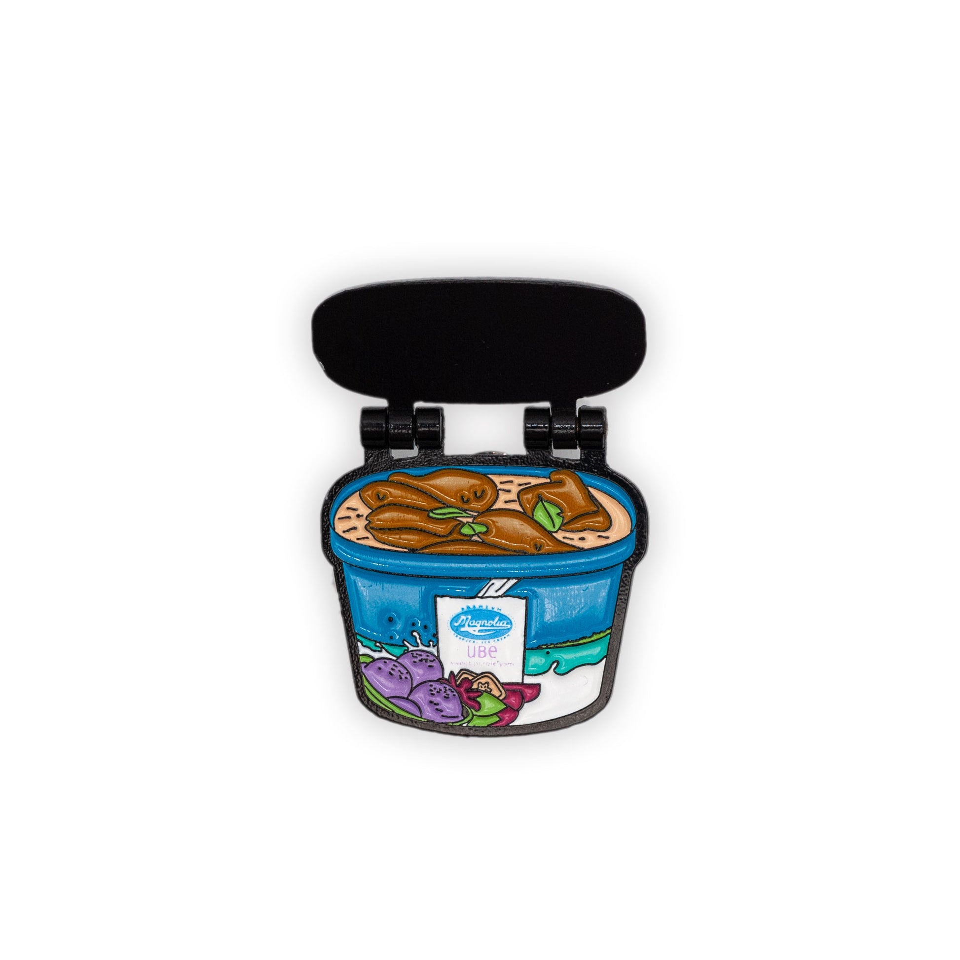 magnolia ice cream tub enamel pin that hinges open to reveal frozen chicken adobo. The ultimate Filipino Tupperware! Pin over white background.