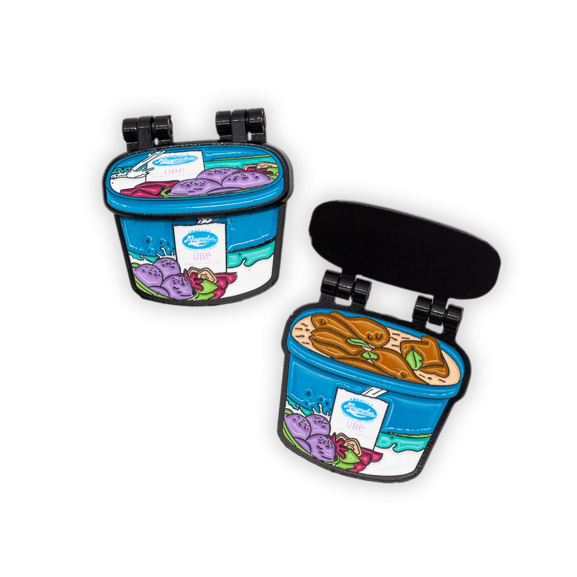 magnolia ice cream tub enamel pin that hinges open to reveal frozen chicken adobo. The ultimate Filipino Tupperware! Pins over white background.